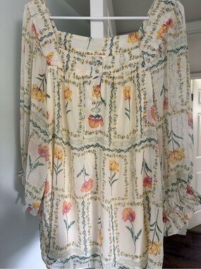 LC Lauren Conrad Cream Floral Peasant Blouse with Yellow & Green Accents